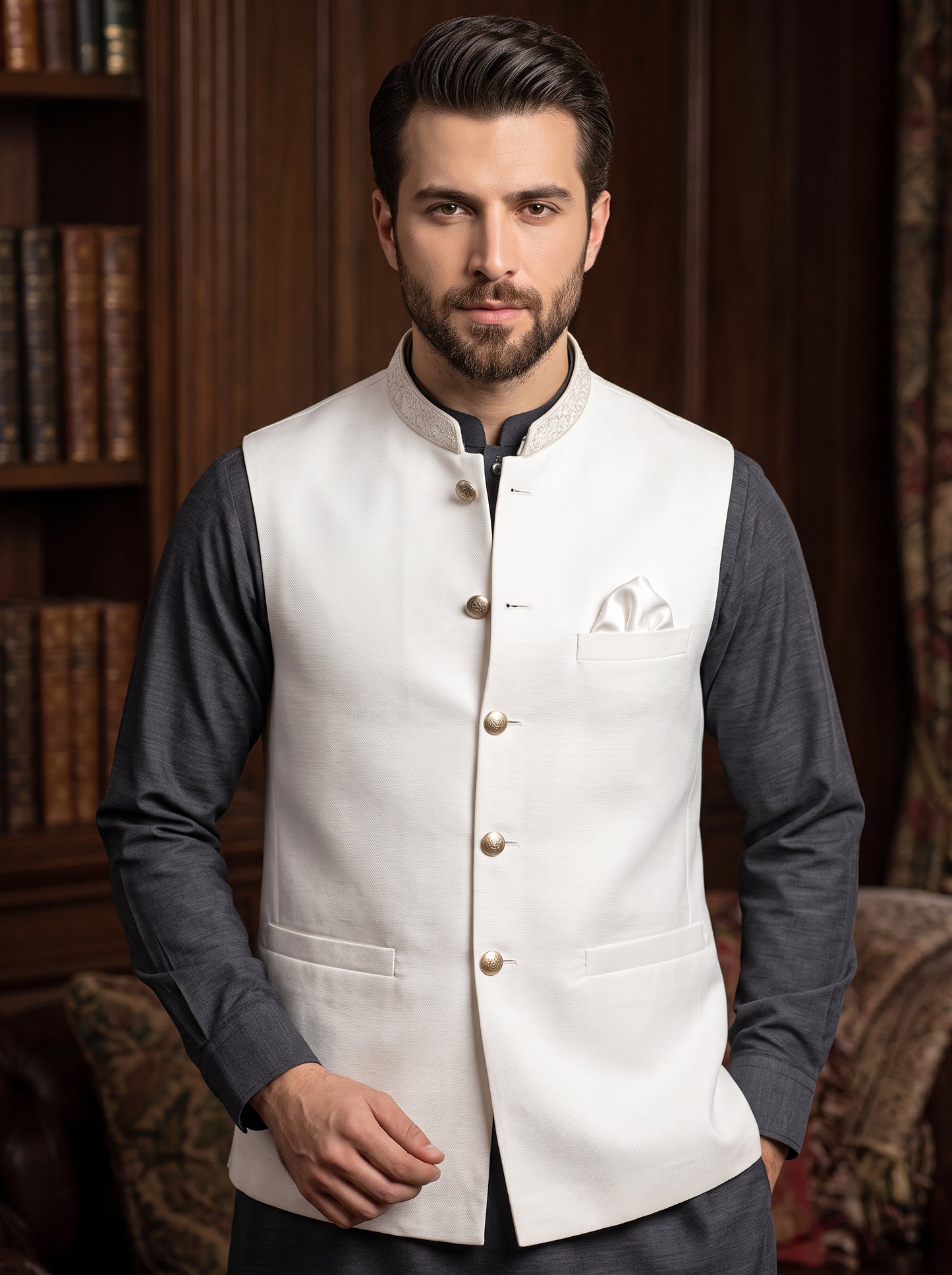 Men Off White Formal Waistcoat