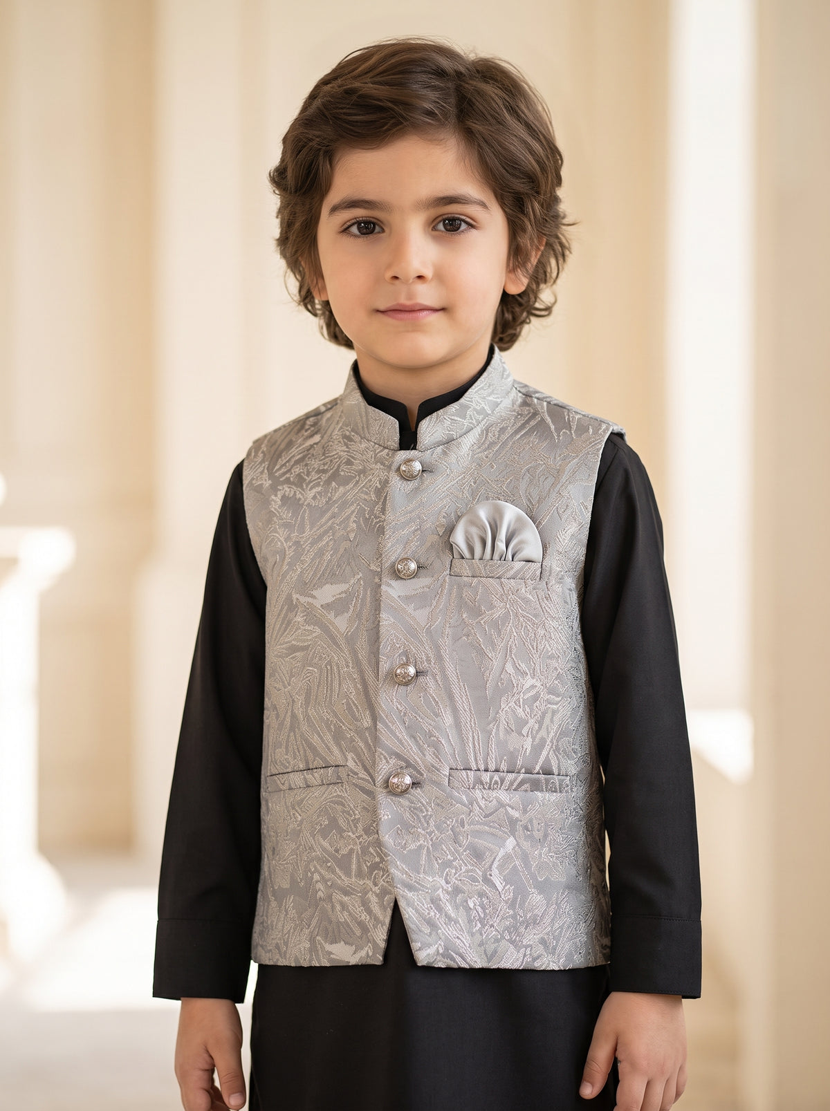 Kids 3 Piece Kameez Pajama Waistcoat B Grey