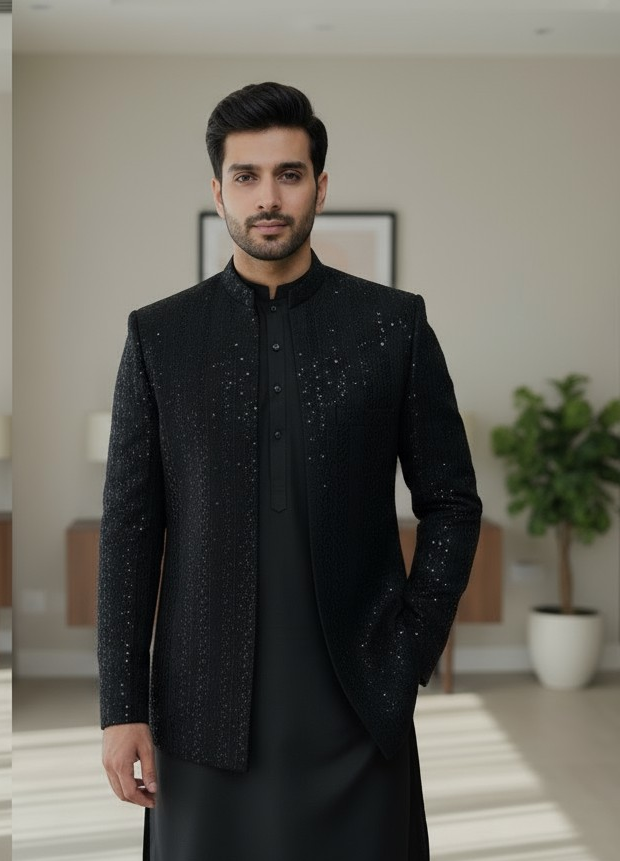 Men Black Long open Prince coat