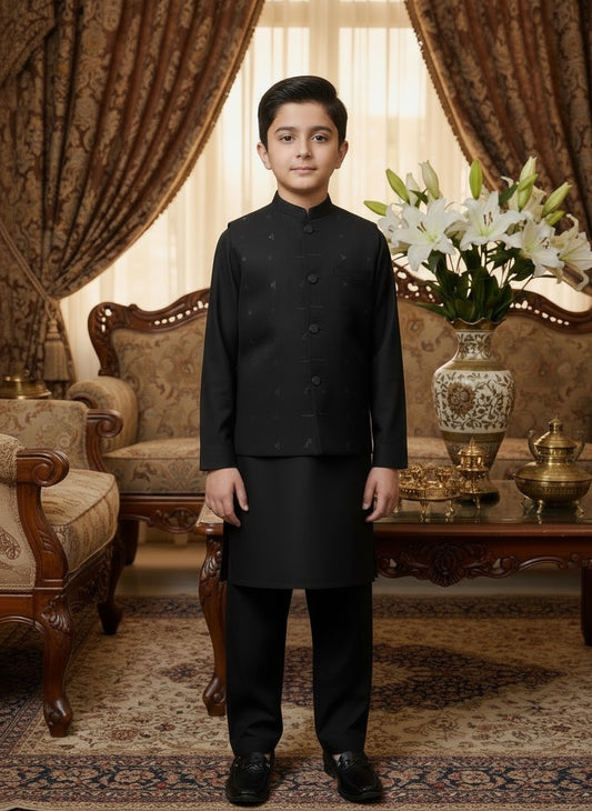 Boys Black Kameez Shalwar with Waistcoat