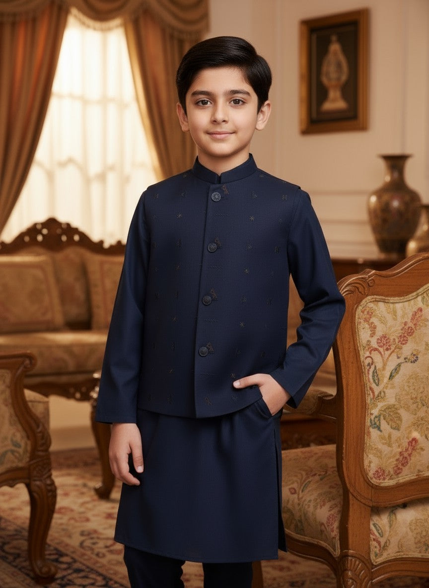 Boys Blue Kameez Shalwar with Waistcoat