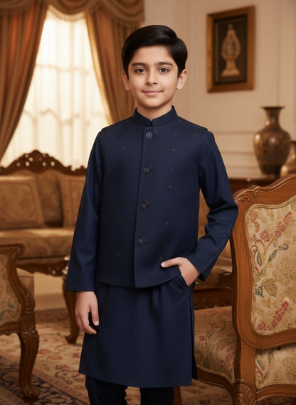 Boys Blue Kameez Shalwar with Waistcoat