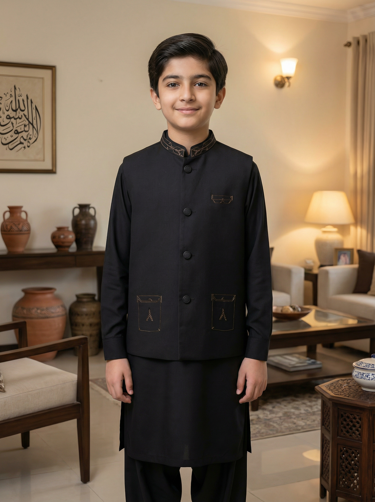 Boys Black Kameez Pajama with Waistcoat
