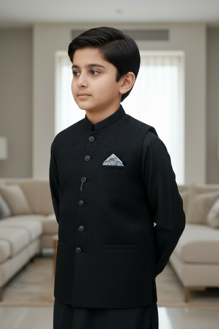 Boys Black Masoori Waistcoat
