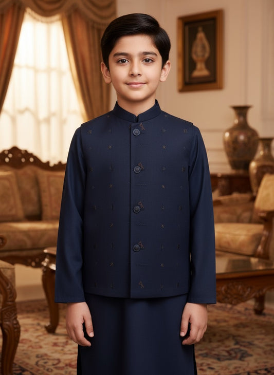 Boys Blue Kameez Shalwar with Waistcoat