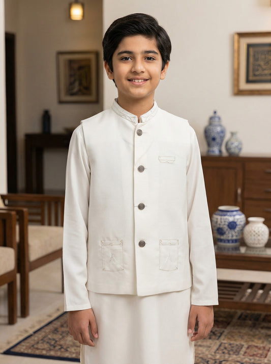 Boys Off White Kameez Pajama with Waistcoat