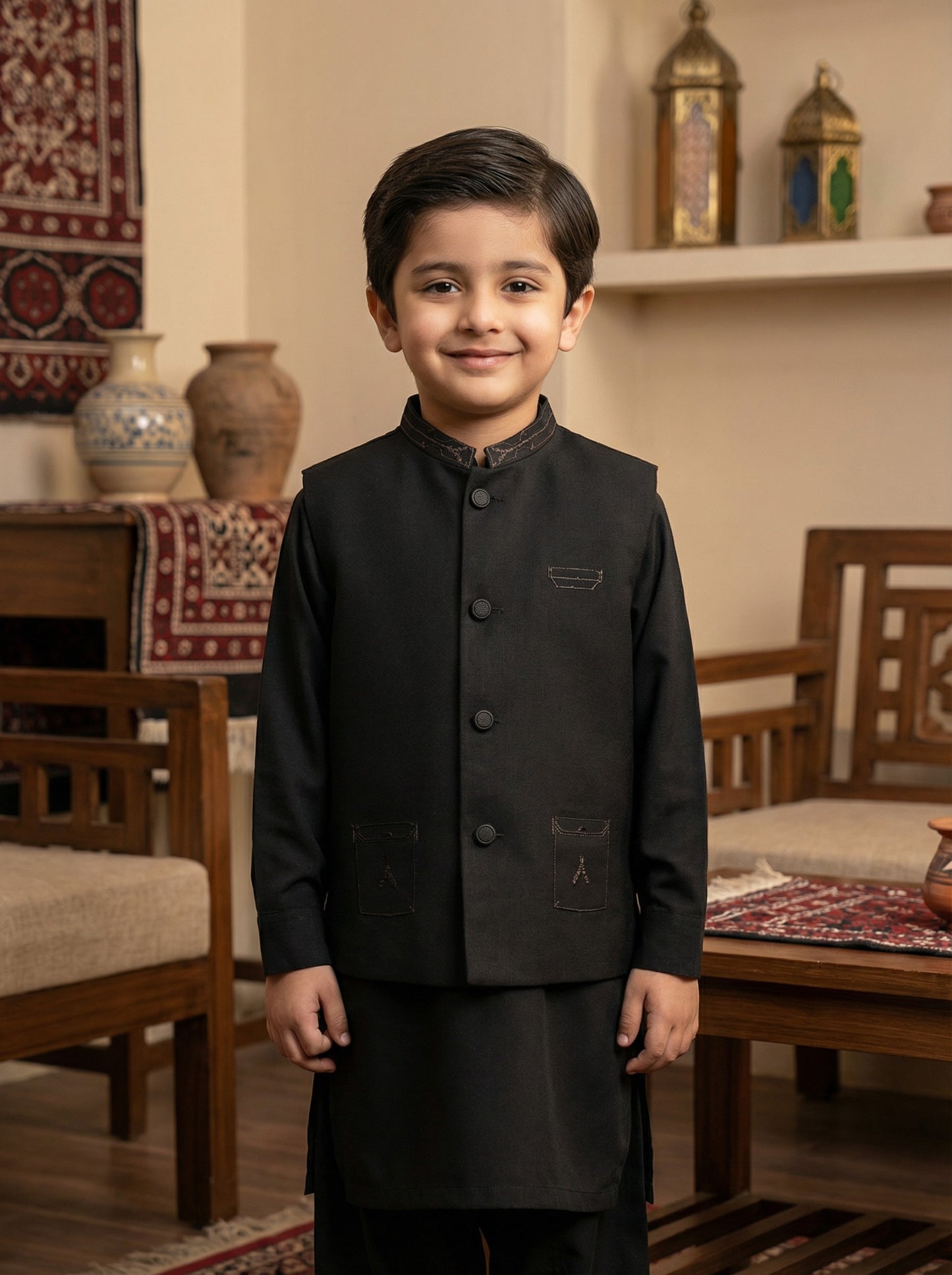 Kids Black 3 Piece Kameez Pajama with Waistcoat