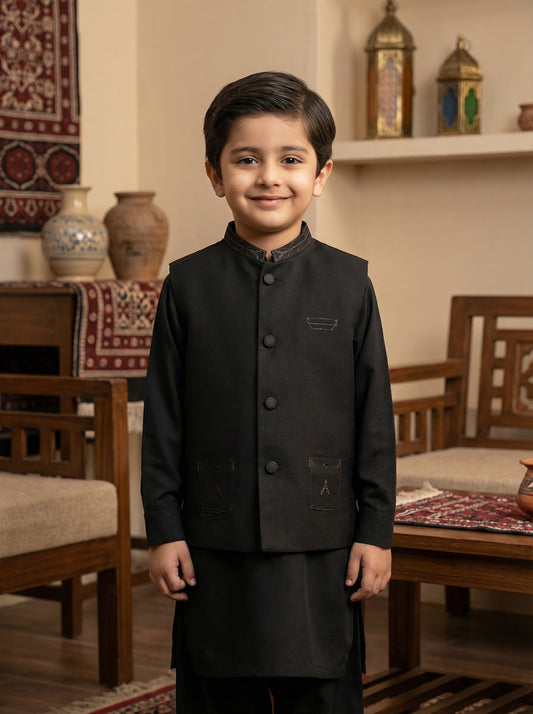 Kids Black 3 Piece Kameez Pajama with Waistcoat