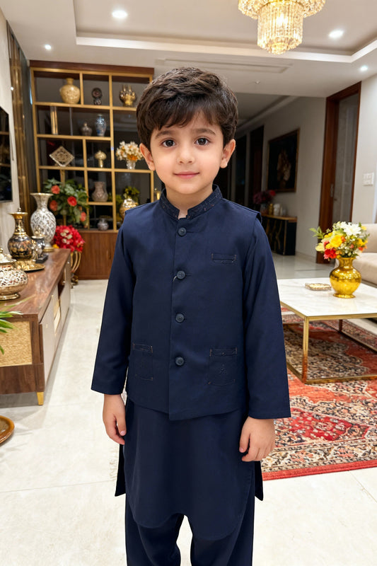 Kids Navy Blue Kameez Pajama with Waistcoat