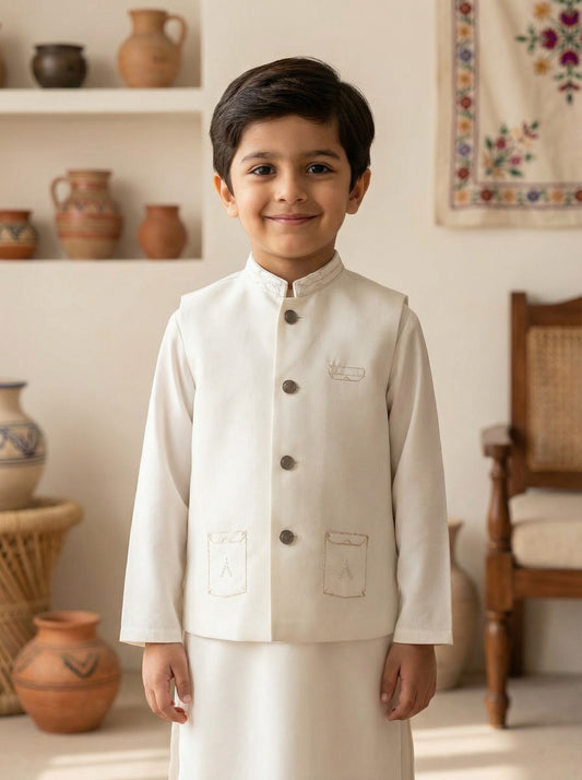 Kids Off White Kameez Pajama with Waistcoat
