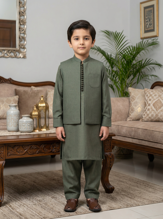 Kids 3 Piece Green Kameez Pajama with Waistcoat