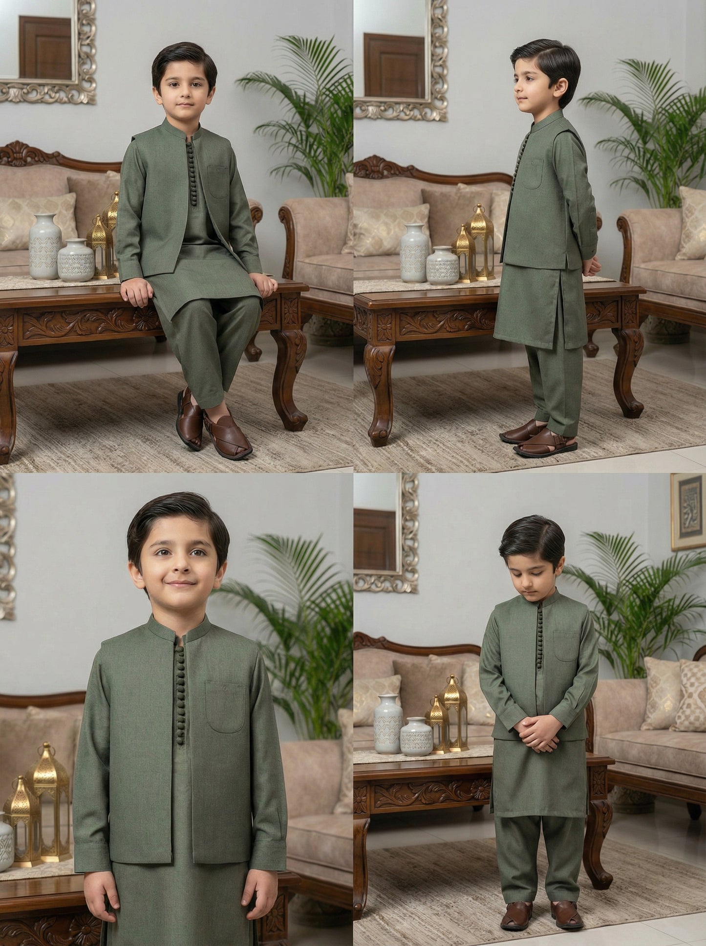 Kids 3 Piece Green Kameez Pajama with Waistcoat