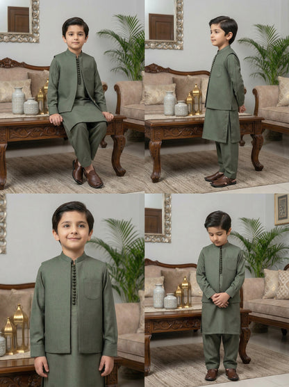 Kids 3 Piece Green Kameez Pajama with Waistcoat
