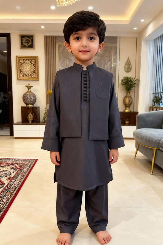 Kids 3 Piece Purple Kameez Pajama with Waistcoat