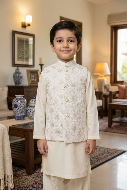Kids Premium Off White Waistcoat