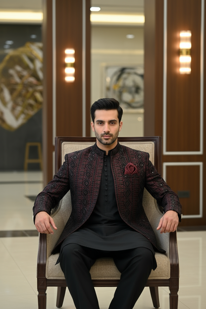 Mehroon Black Open Prince Coat