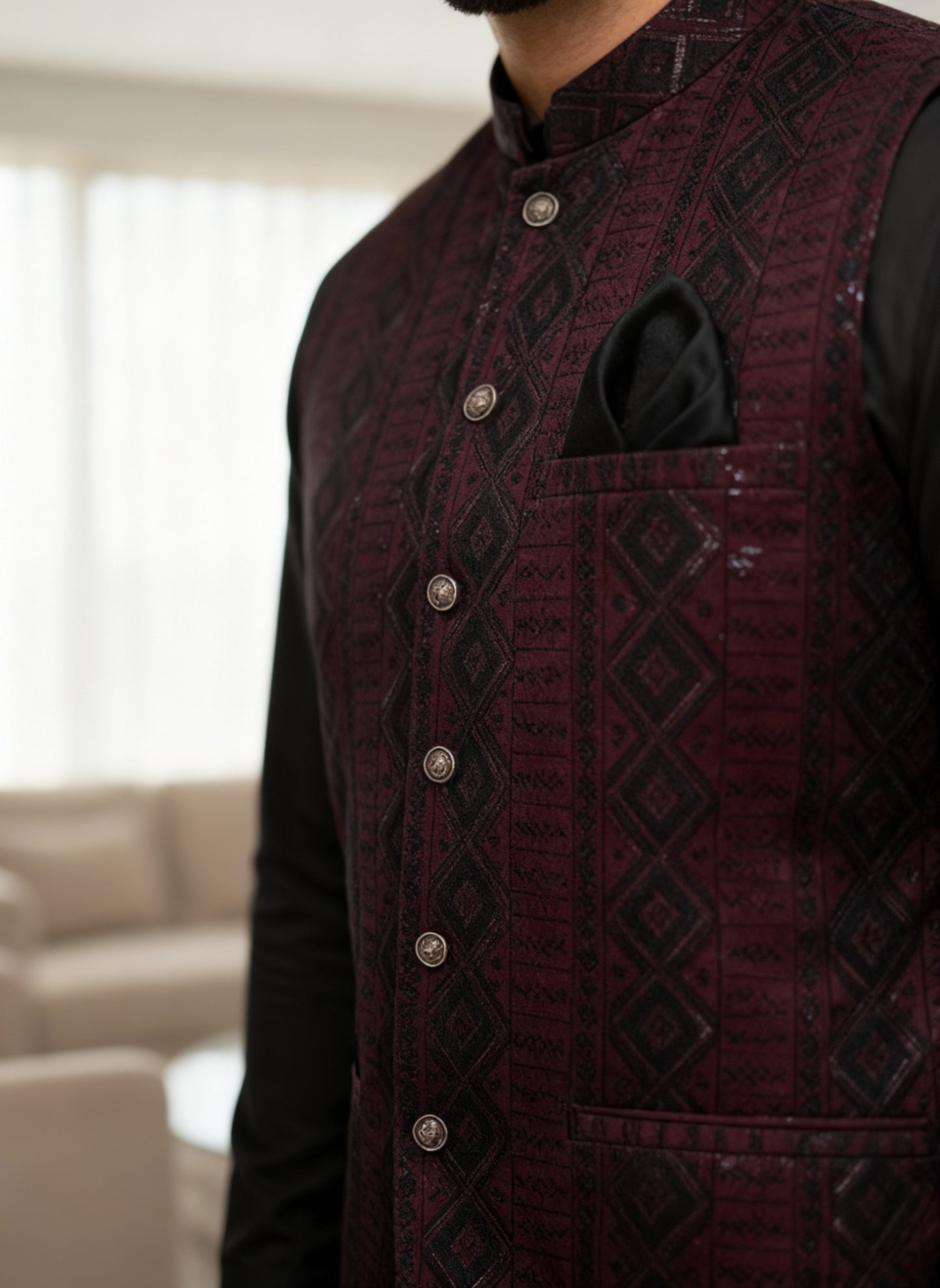 Masoori Waistcoat Mehroon Black Color