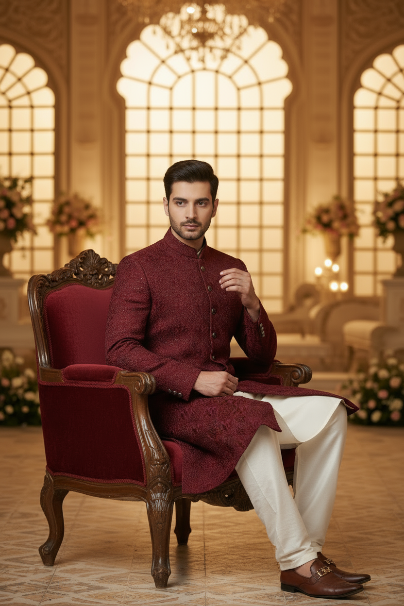 Mehroon Sherwani for Groom