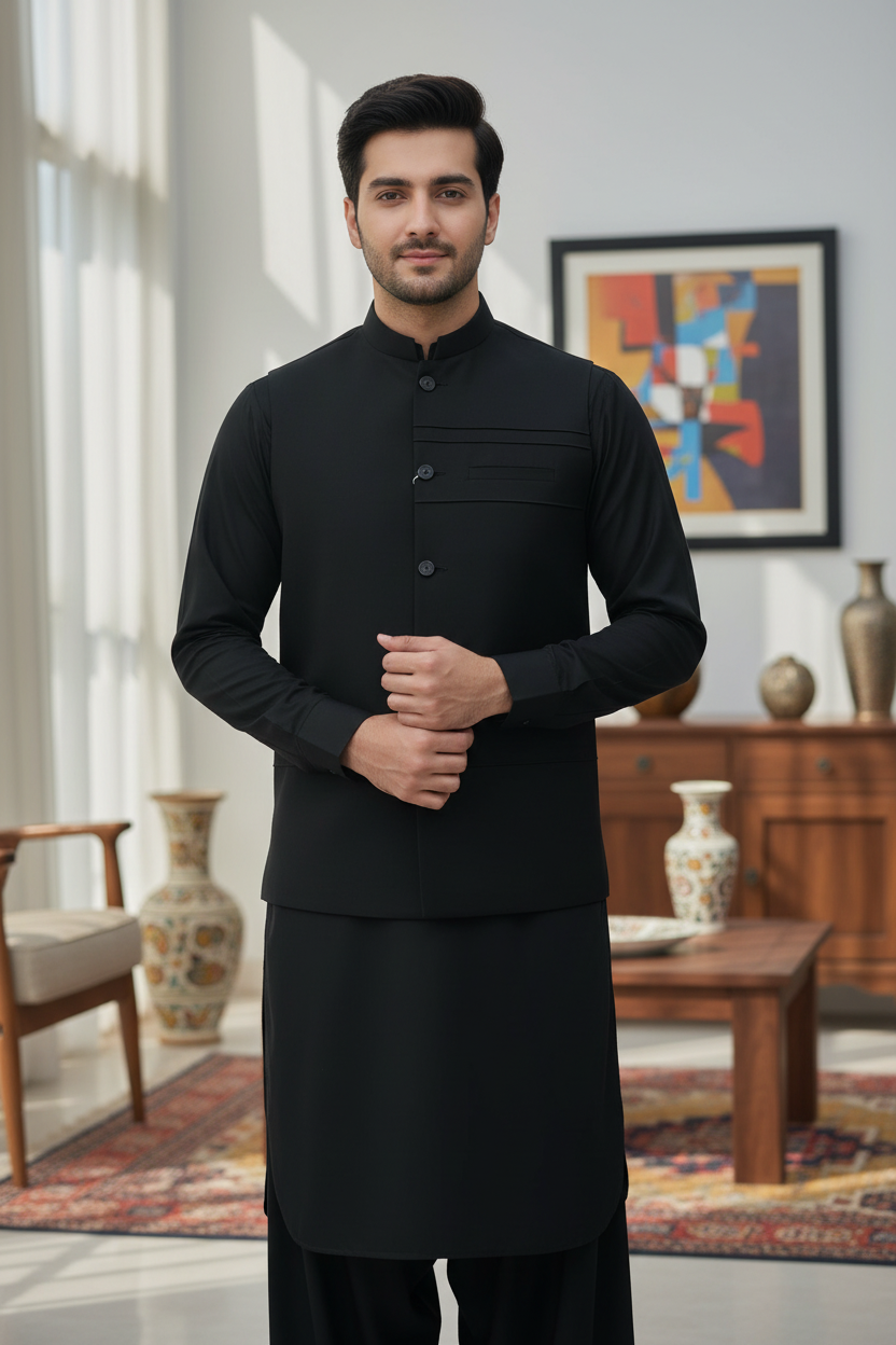 Men Black Kameez Shalwar with Waistcoat