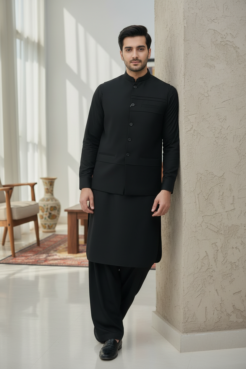 Men Black Kameez Shalwar with Waistcoat