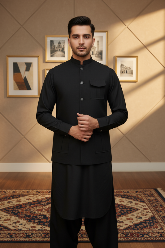 Men Black Kameez Shalwar with Waistcoat